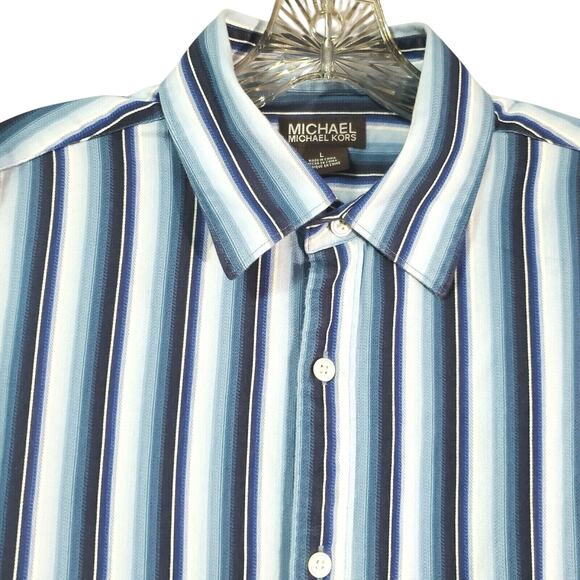 Michael Kors Shirt Size L Button Up Blue Striped 100% Cotton Long Sleeves - Picture 1 of 11